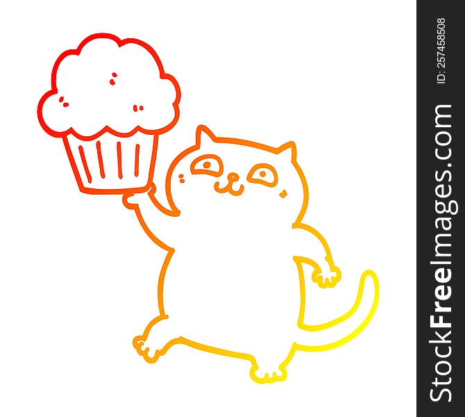 Warm Gradient Line Drawing Cartoon Cat With Cupcake
