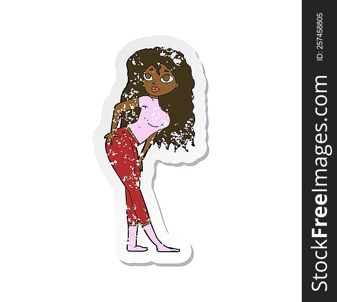 retro distressed sticker of a cartoon attractive woman looking surprised