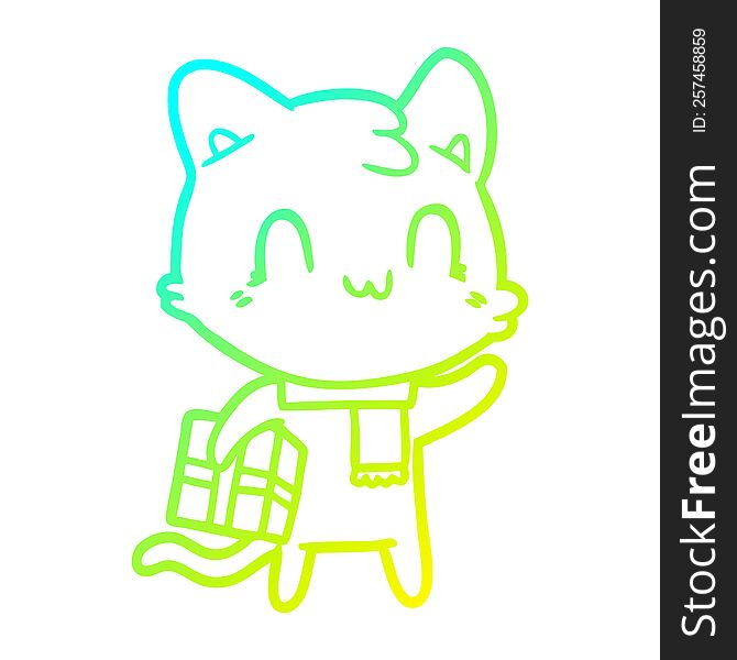 cold gradient line drawing of a cartoon happy cat wearing scarf