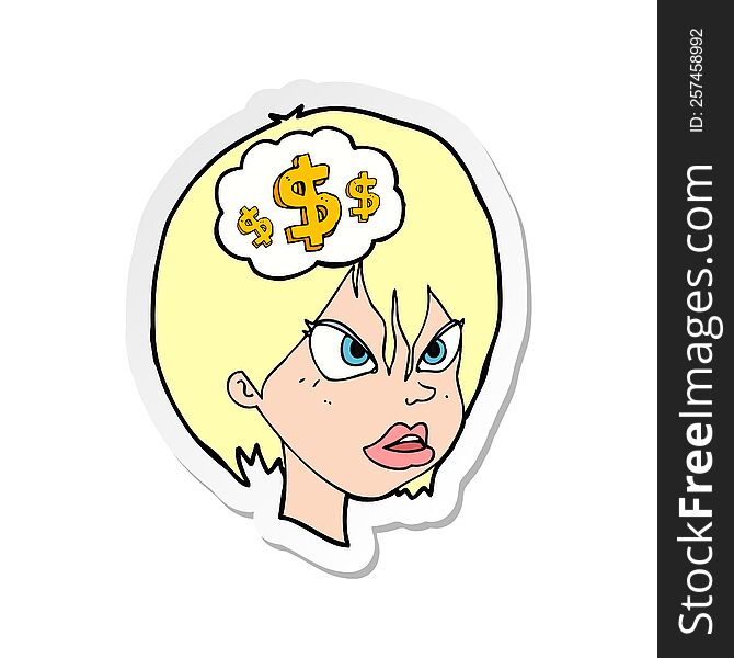 Sticker Of A Cartoon Woman Thinking About Money