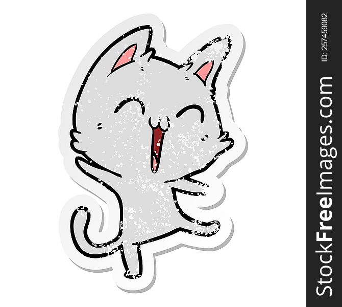 distressed sticker of a happy cartoon cat meowing