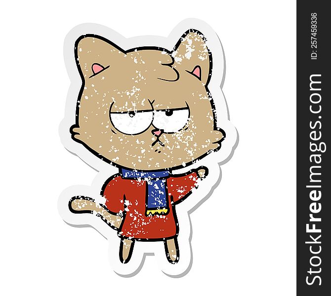 distressed sticker of a bored cartoon cat in winter clothes