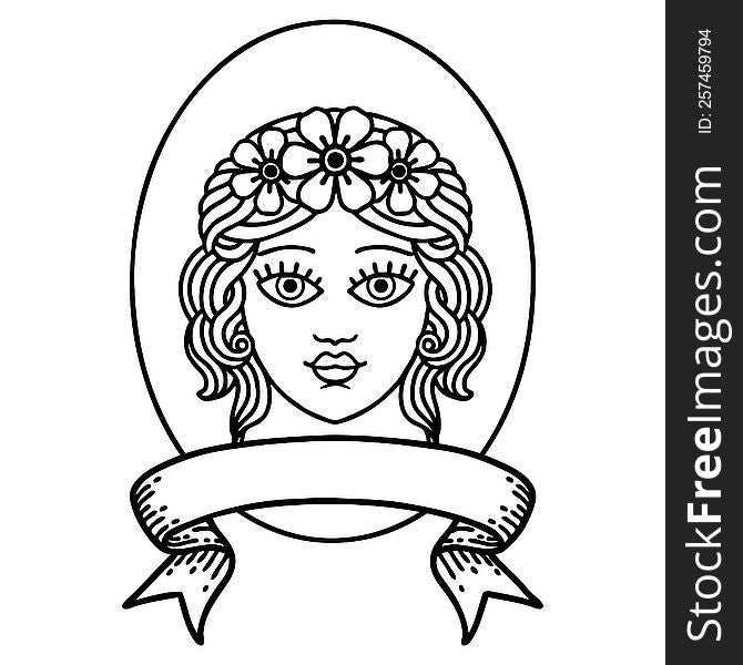 Black Linework Tattoo With Banner Of A Maiden With Crown Of Flowers