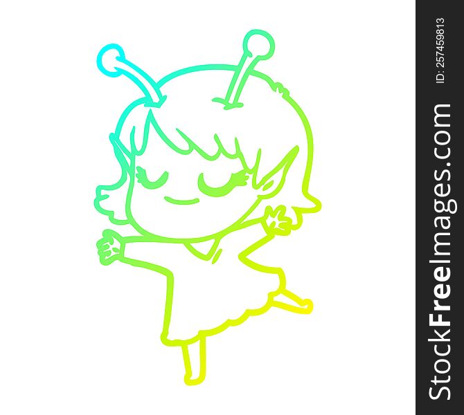 cold gradient line drawing of a smiling alien girl cartoon dancing