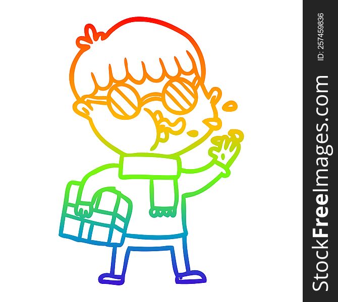 Rainbow Gradient Line Drawing Cartoon Boy Wearing Spectacles With Christmas Gift