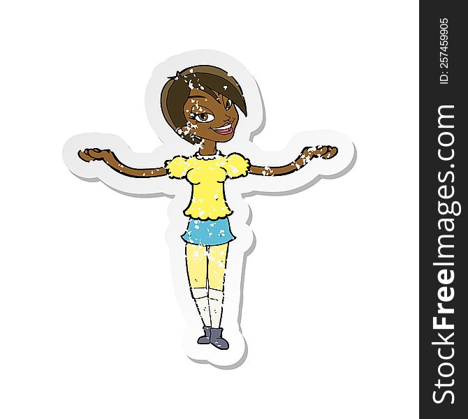 retro distressed sticker of a cartoon woman making open arm gesture