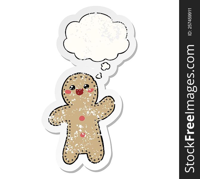 cartoon gingerbread man with thought bubble as a distressed worn sticker