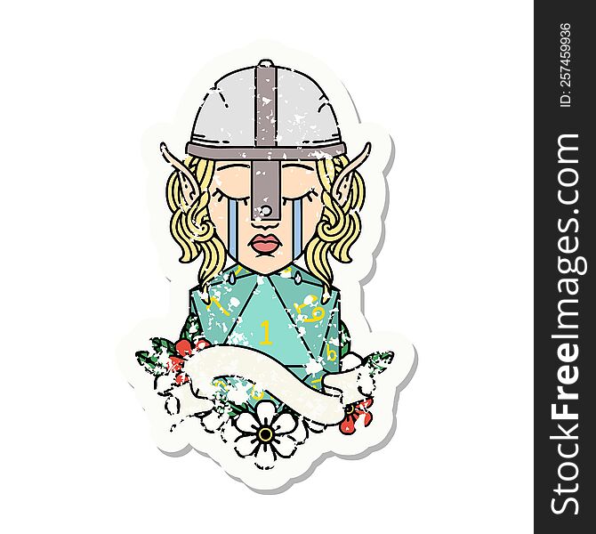 grunge sticker of a crying elf fighter character face with natural one D20 roll. grunge sticker of a crying elf fighter character face with natural one D20 roll