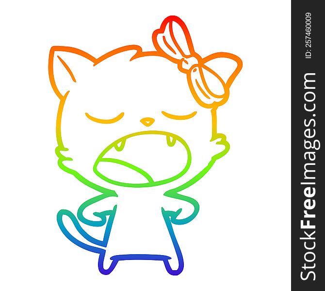 rainbow gradient line drawing of a cartoon yawning cat