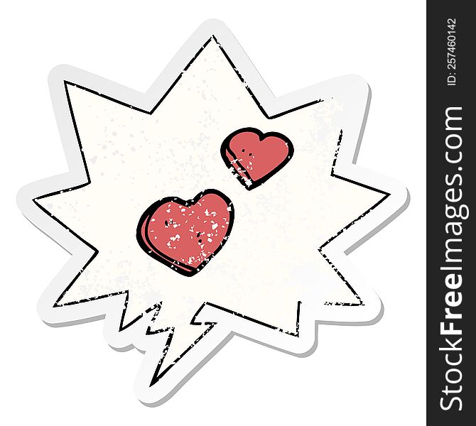 cartoon love hearts with speech bubble distressed distressed old sticker. cartoon love hearts with speech bubble distressed distressed old sticker