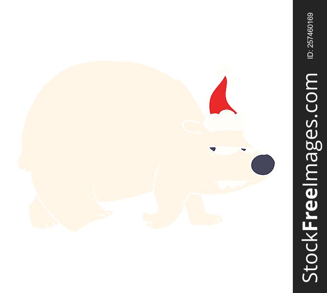 flat color illustration of a angry polar bear wearing santa hat