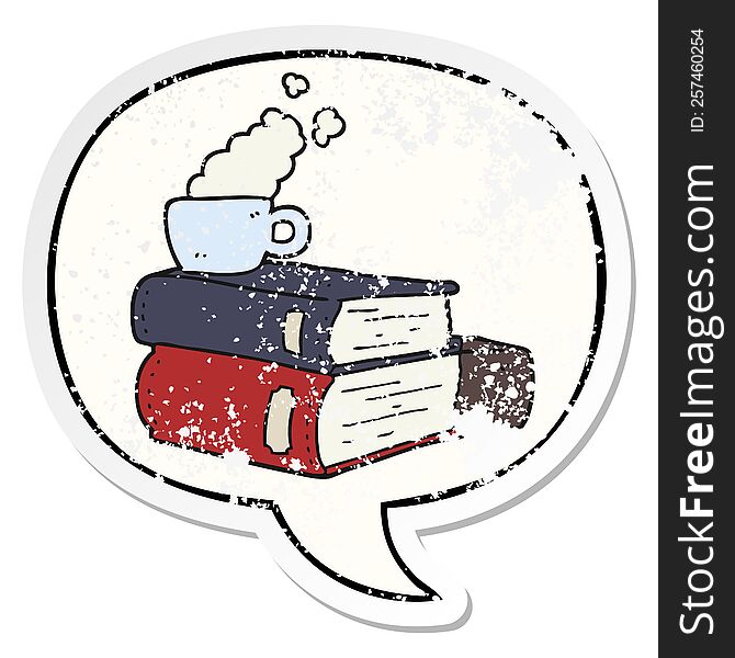 Cartoon Books And Coffee Cup And Speech Bubble Distressed Sticker