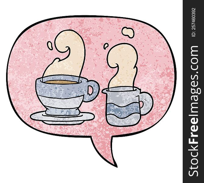 cartoon cup of coffee and speech bubble in retro texture style