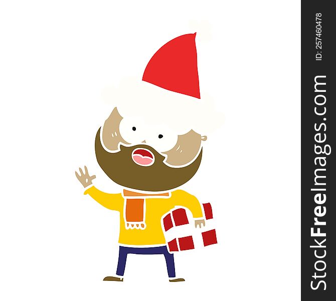 Flat Color Illustration Of A Bearded Man With Present Wearing Santa Hat