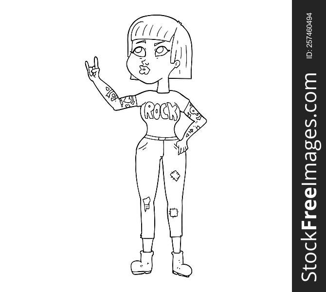 freehand drawn black and white cartoon rock girl