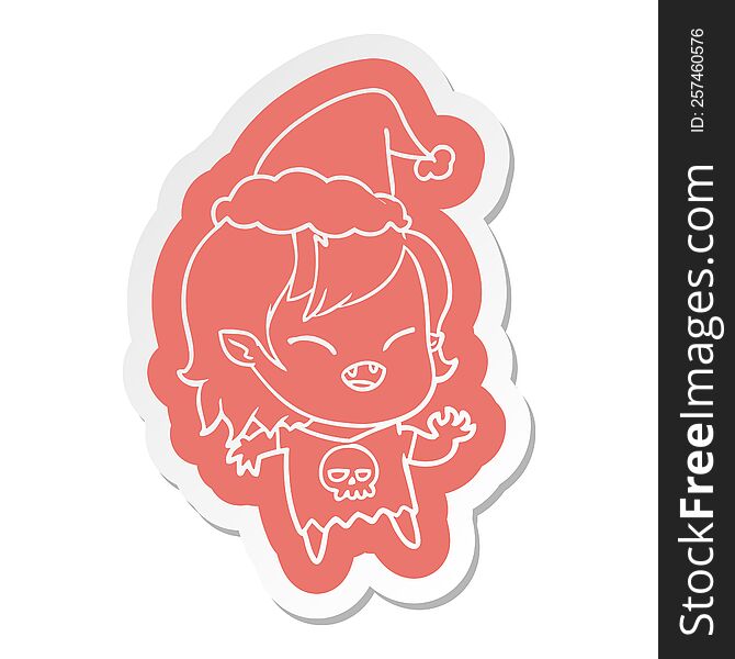 quirky cartoon  sticker of a laughing vampire girl wearing santa hat