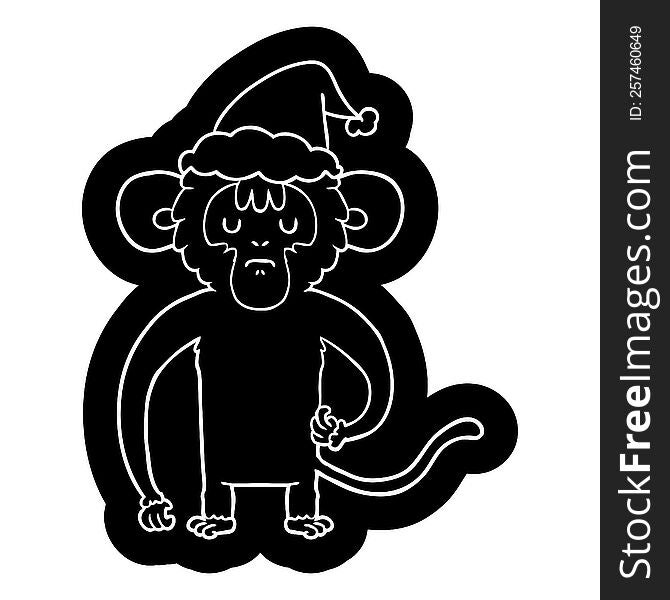 quirky cartoon icon of a monkey scratching wearing santa hat