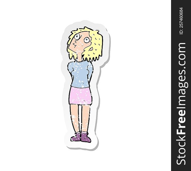 retro distressed sticker of a cartoon curious woman