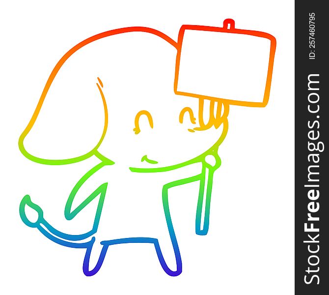 Rainbow Gradient Line Drawing Cute Cartoon Elephant With Sign