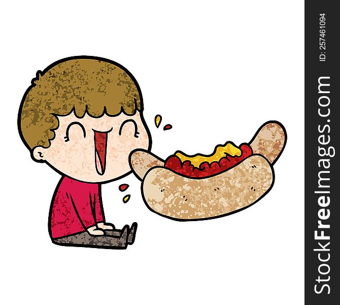 laughing cartoon man eating giant hotdog. laughing cartoon man eating giant hotdog