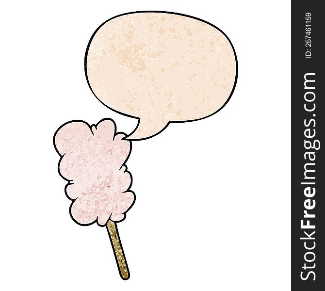 cartoon candy floss on stick and speech bubble in retro texture style