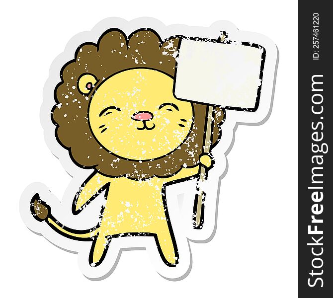 distressed sticker of a cartoon lion with protest sign