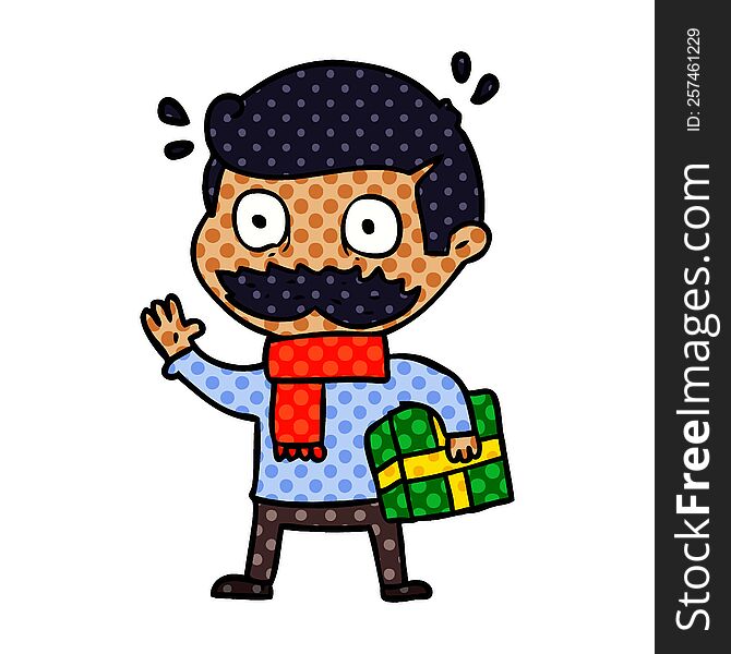 cartoon man with mustache and christmas present. cartoon man with mustache and christmas present
