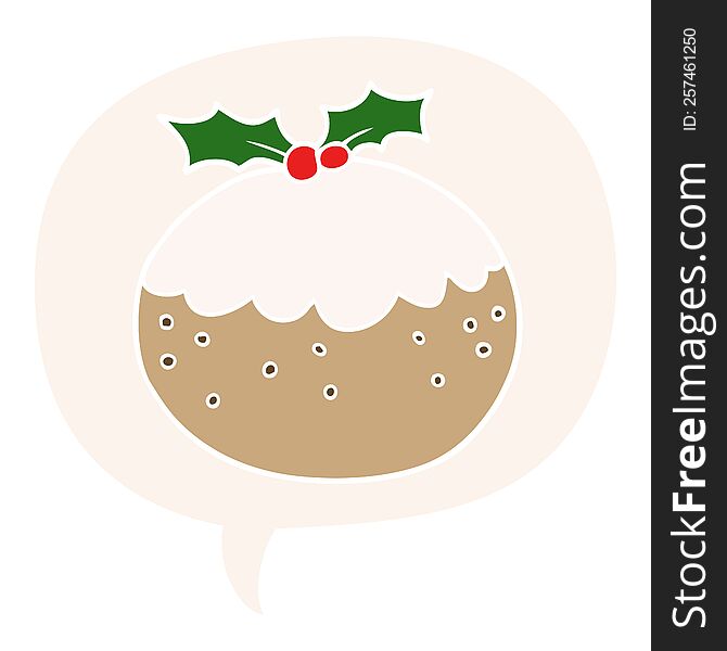cartoon christmas pudding with speech bubble in retro style
