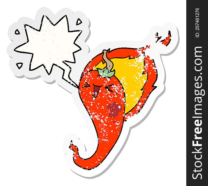 Cartoon Flaming Hot Chili Pepper And Speech Bubble Distressed Sticker