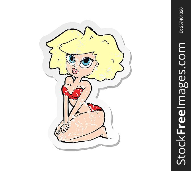 retro distressed sticker of a cartoon woman wearing bikini