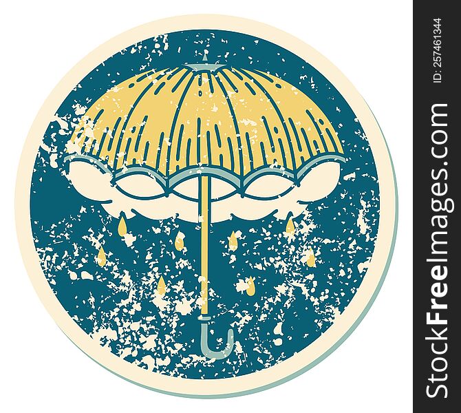 Distressed Sticker Tattoo Style Icon Of An Umbrella And Storm Cloud