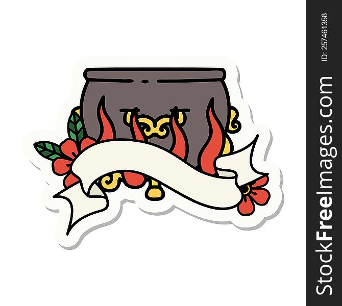 tattoo style sticker with banner of a lit cauldron. tattoo style sticker with banner of a lit cauldron