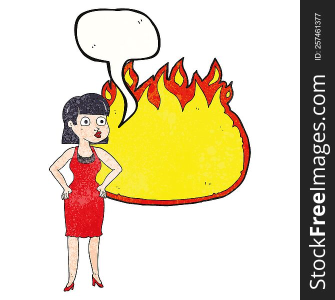 texture speech bubble cartoon woman in dress with hands on hips and flame banner