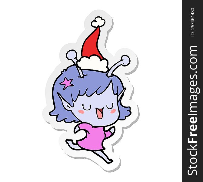 happy alien girl hand drawn sticker cartoon of a wearing santa hat. happy alien girl hand drawn sticker cartoon of a wearing santa hat