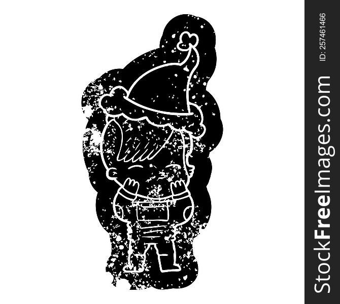 cartoon distressed icon of a girl wearing futuristic clothes wearing santa hat