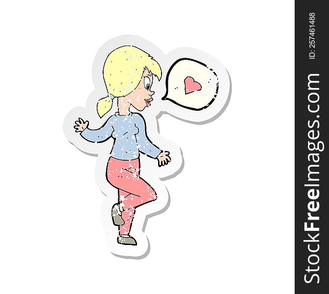 Retro Distressed Sticker Of A Cartoon Woman In Love