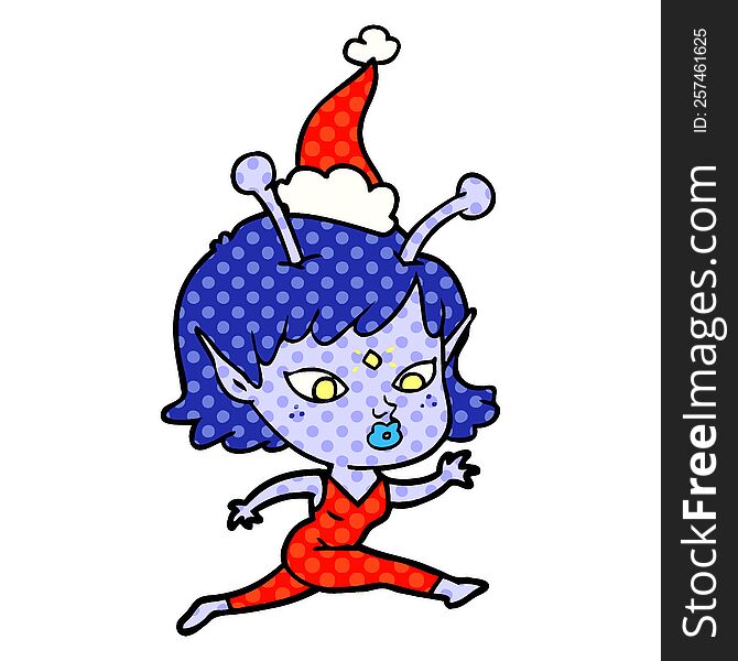 pretty hand drawn comic book style illustration of a alien girl running wearing santa hat