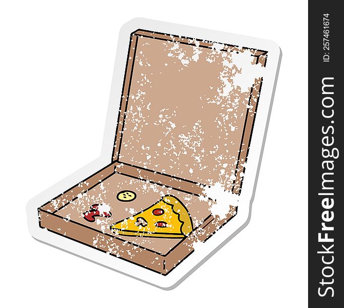distressed sticker cartoon doodle of a slice of pizza