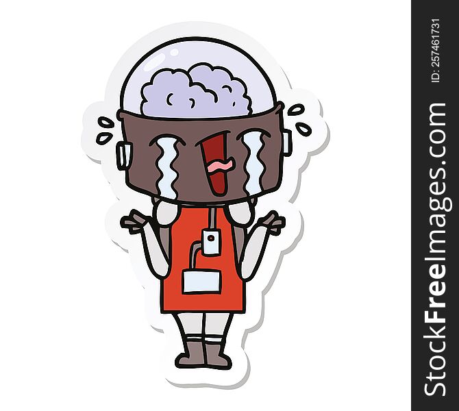 sticker of a cartoon crying robot shrugging shoulders in confusion