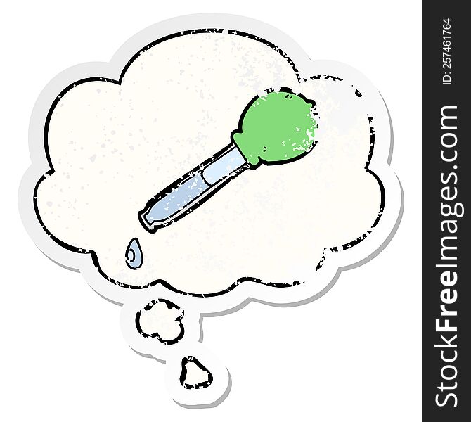 cartoon pipette with thought bubble as a distressed worn sticker