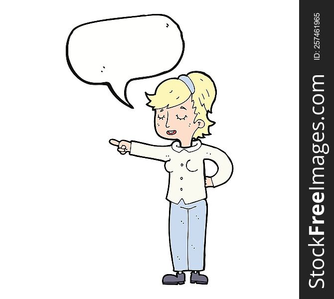 Cartoon Friendly Woman Pointing With Speech Bubble