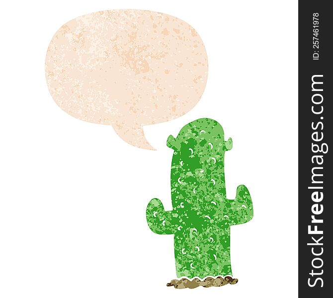 cartoon cactus with speech bubble in grunge distressed retro textured style. cartoon cactus with speech bubble in grunge distressed retro textured style