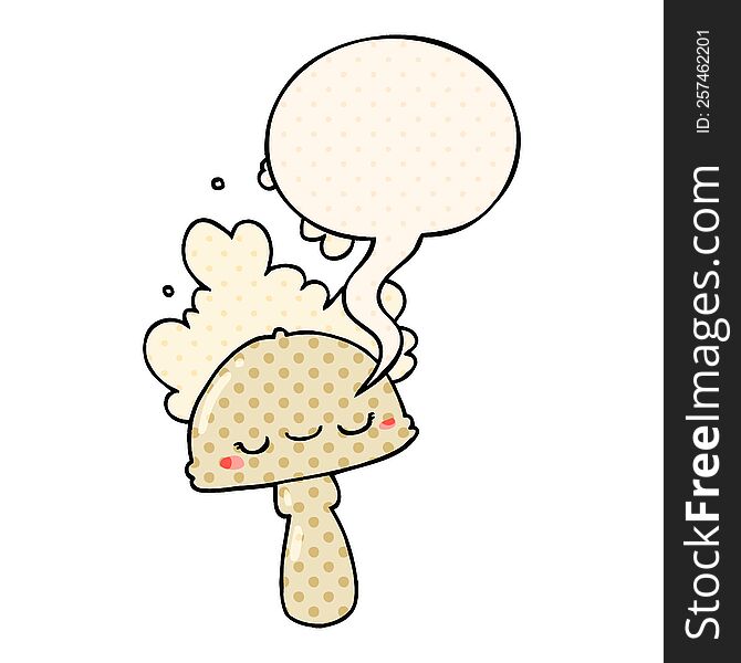 Cartoon Mushroom And Spoor Cloud And Speech Bubble In Comic Book Style