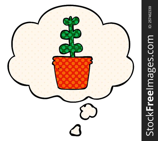 cartoon house plant with thought bubble in comic book style