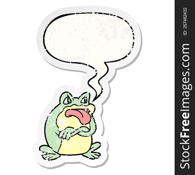 Grumpy Cartoon Frog And Speech Bubble Distressed Sticker