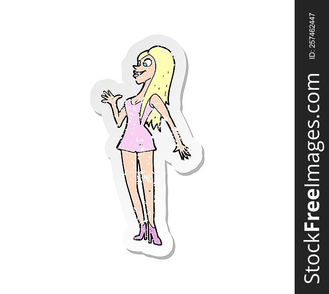 retro distressed sticker of a cartoon woman in pink dress
