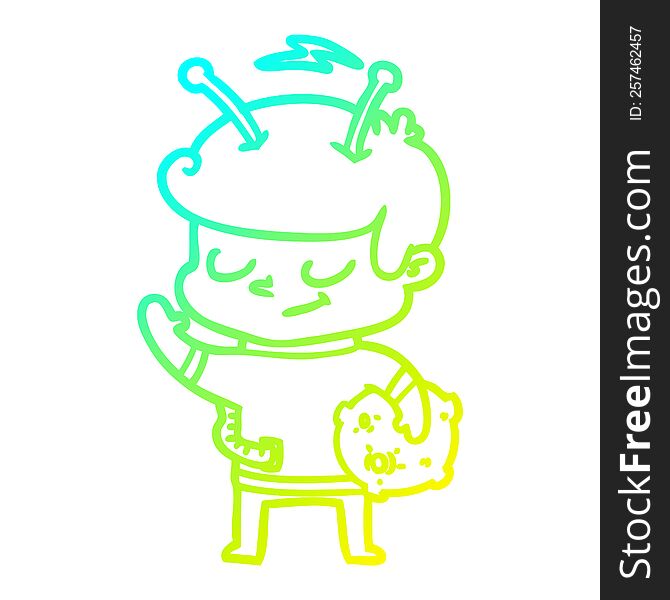 cold gradient line drawing friendly cartoon spaceman holding meteor