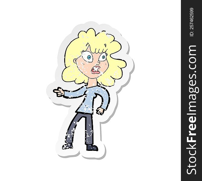 Retro Distressed Sticker Of A Cartoon Worried Woman Pointing