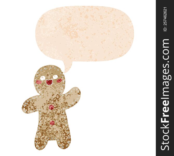 cartoon gingerbread man and speech bubble in retro textured style