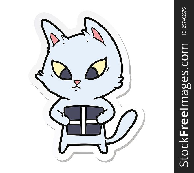 sticker of a confused cartoon cat with gift